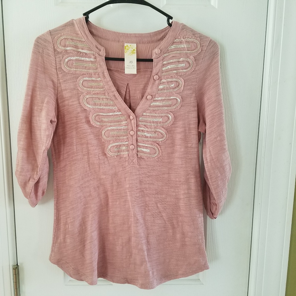 C. Keer Pink Sequin Fringe Trim Top